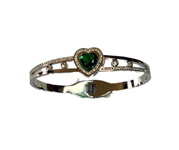 BRACCIALE RIGIDO COLOR ARGENTO E CUORE VERDE