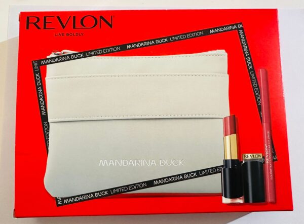 POCHETTE GHRIGIO CHIARO CON ROSSETTO E MATITA LABBRA REVLON